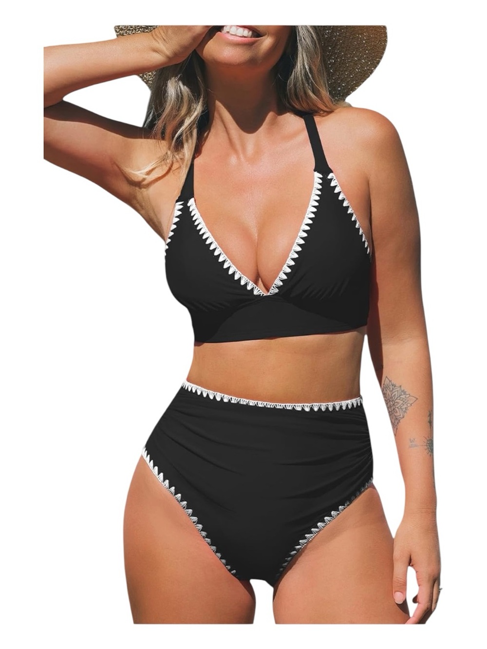 Cupshe Black Textured High Waisted Bikini Set White Chevron Stitch Trim M